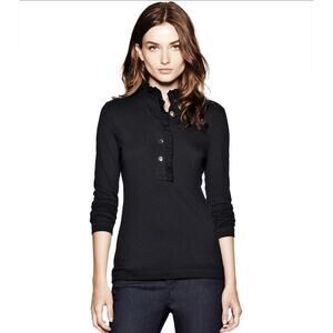 Tory Burch Womens Lidia Long Sleeve Ruffle Polo Shirt Top in Black Size Medium
